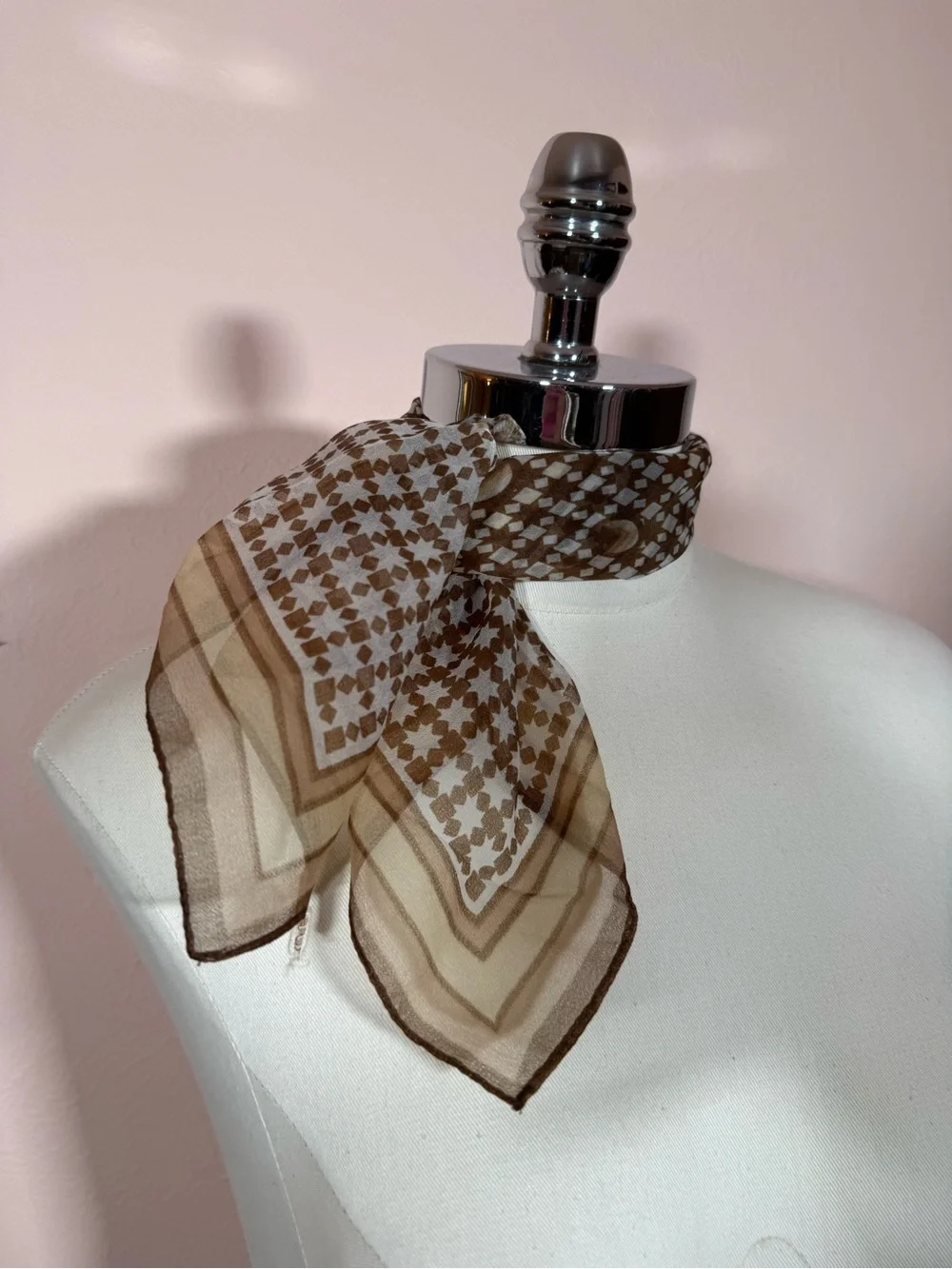 Vintage camel brown semi sheer star rattan art deco neckerchief square scarf